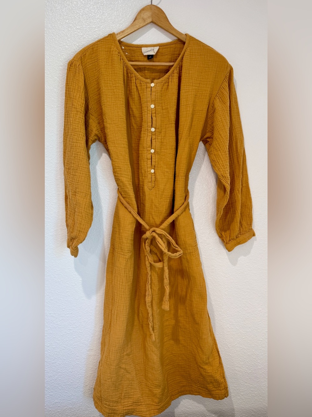 Universal Thread Cotton Gauze Belted Prairie Boho Midi Dress Mustard Yellow M